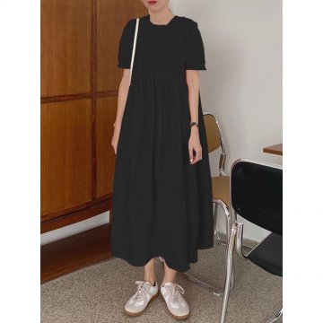 Solid Color O-neck Puff Short Sleeve Midi Dress