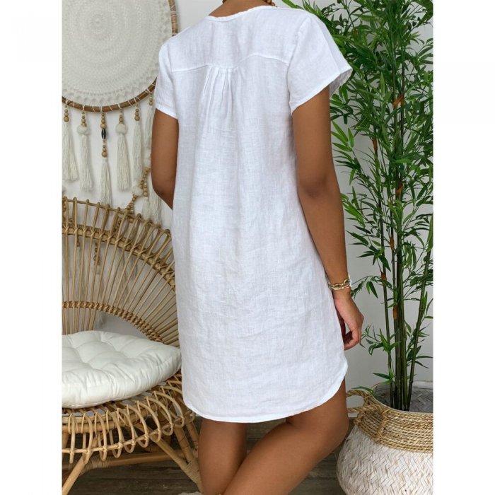 Solid Color V-neck Short Sleeve Mini Dress