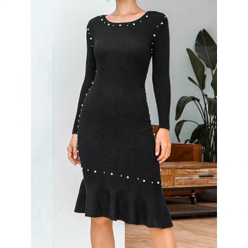 Solid Pearl Knitted Long Sleeve O-neck Fishtail Dress