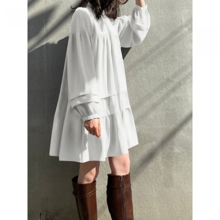 Women Solid Color Stand Collar Patchwork Long Sleeve Casual Dress