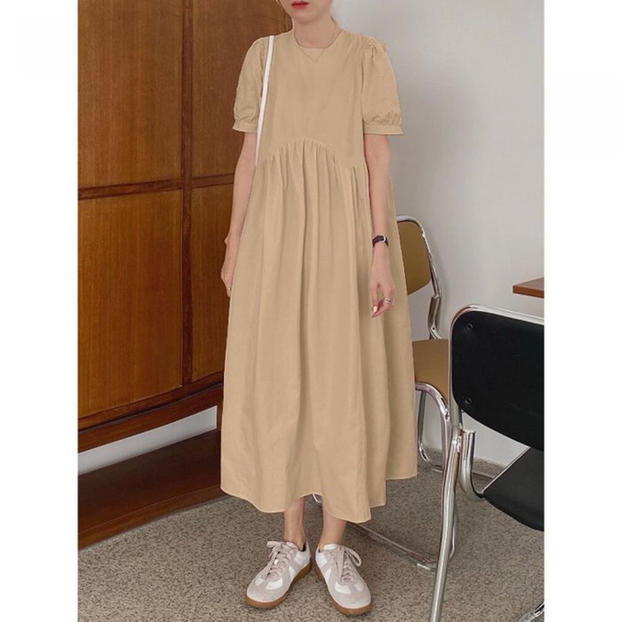 Solid Color O-neck Puff Short Sleeve Midi Dress