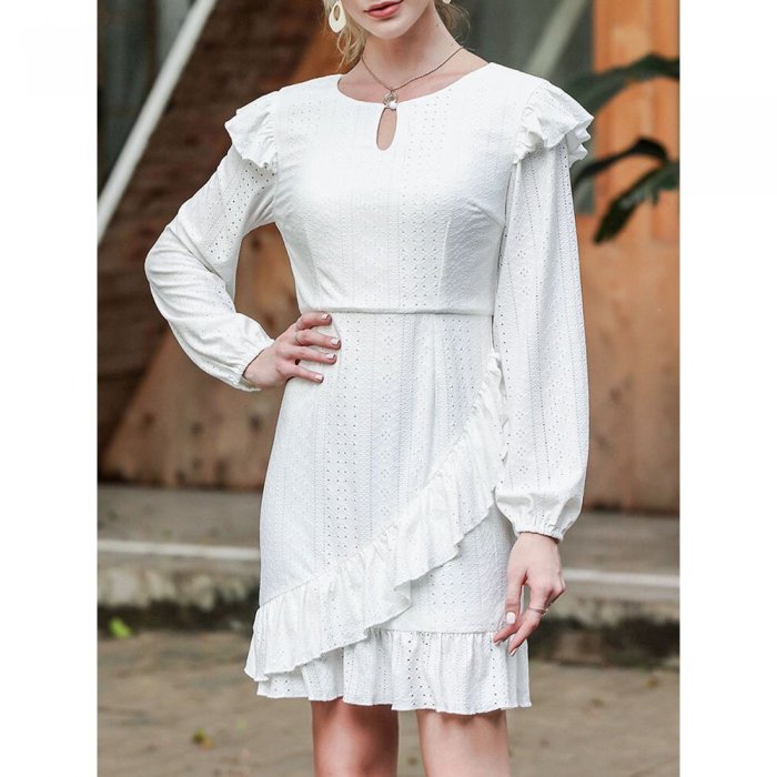 Long Sleeve Hollow O-neck Ruffle Zip Solid Casual Dress