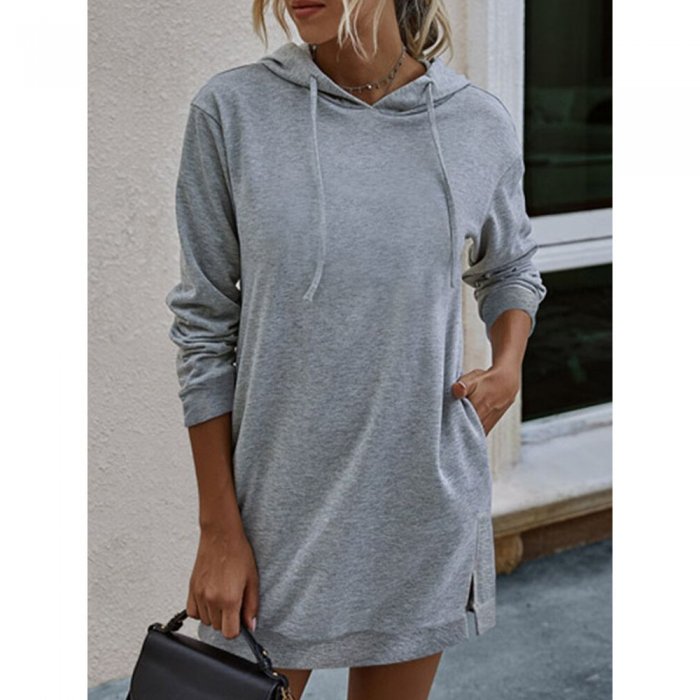 Solid Color Long Sleeves Casual Hooded Dress For Women