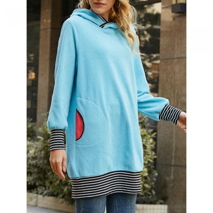 Patch Striped Print Polar Fleece Hooded Side Pockets Long Sleeve Dress