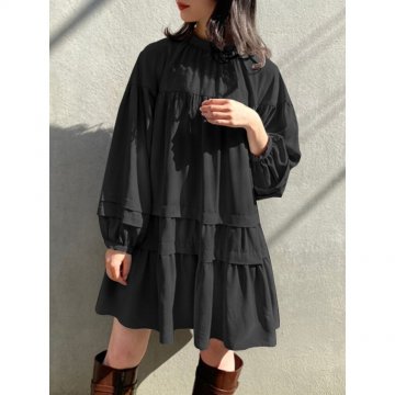 Women Solid Color Stand Collar Patchwork Long Sleeve Casual Dress