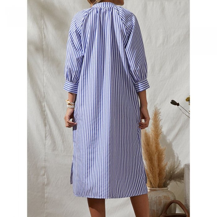 Stripe Solid Color V-neck 3//4 Length Sleeve Loose Women Casual Dress