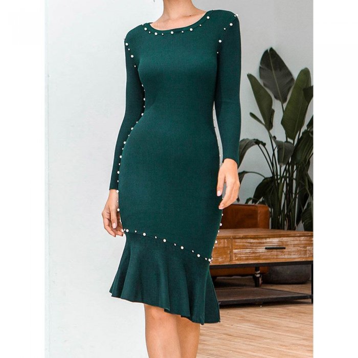 Solid Pearl Knitted Long Sleeve O-neck Fishtail Dress