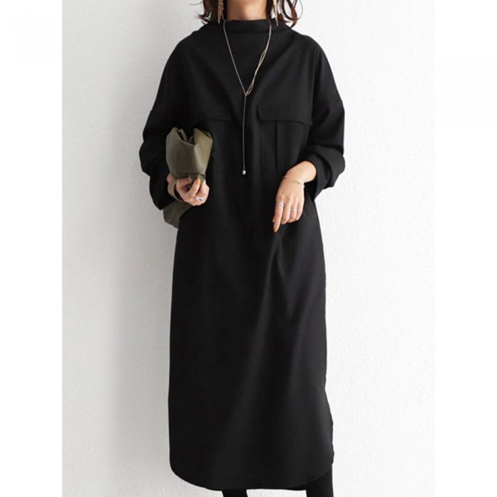 Solid Color Half-collar Pocket Long Sleeve Casual Dress for Women