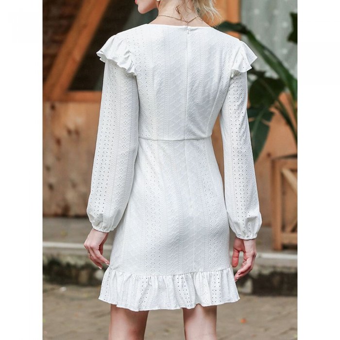 Long Sleeve Hollow O-neck Ruffle Zip Solid Casual Dress