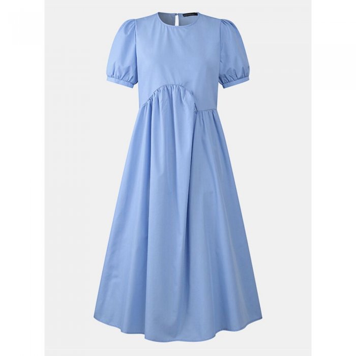 Solid Color O-neck Puff Short Sleeve Midi Dress