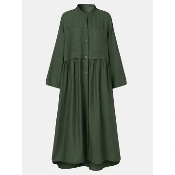 Solid Color Button Pleated Long Sleeve Casual Dress for Women