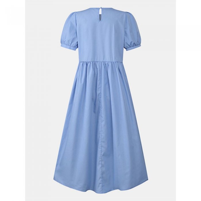 Solid Color O-neck Puff Short Sleeve Midi Dress