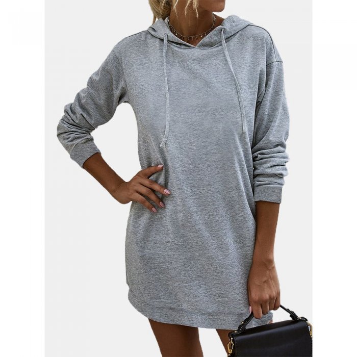 Solid Color Long Sleeves Casual Hooded Dress For Women