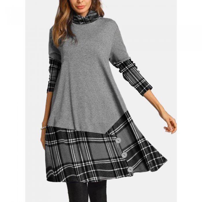 Plaid Long Sleeve Pile Collar Patchwork Midi Dress For Women