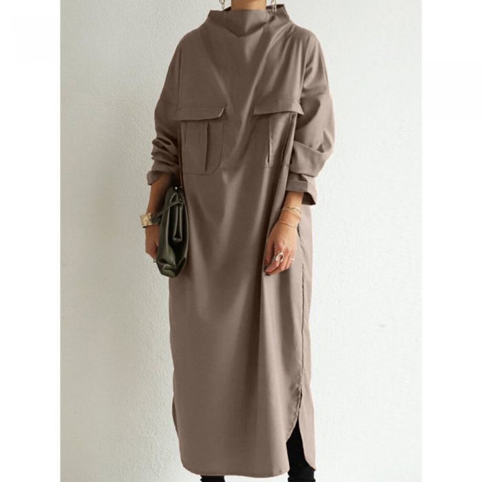 Solid Color Half-collar Pocket Long Sleeve Casual Dress for Women