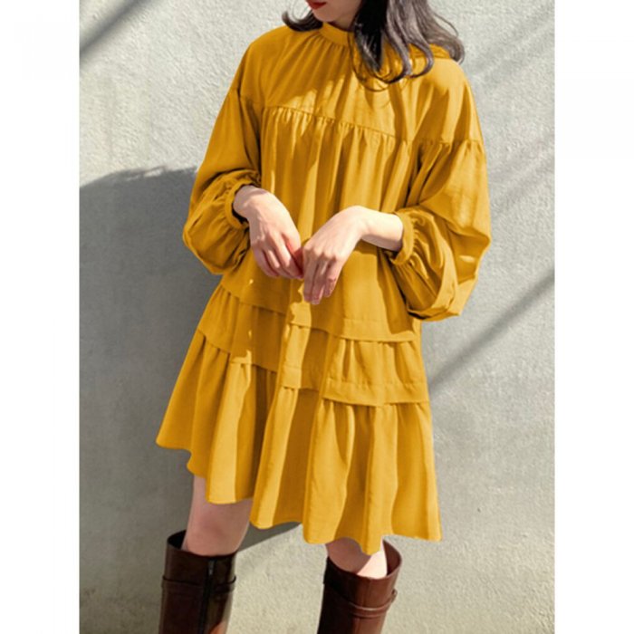 Women Solid Color Stand Collar Patchwork Long Sleeve Casual Dress