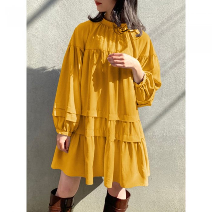 Women Solid Color Stand Collar Patchwork Long Sleeve Casual Dress