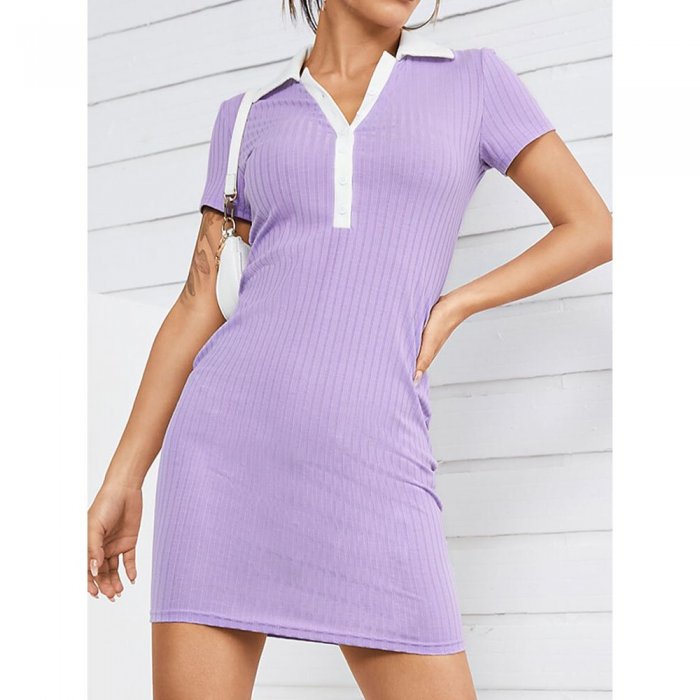 Contrast Color Lapel Button Short Sleeve Bodycon Dress For Women