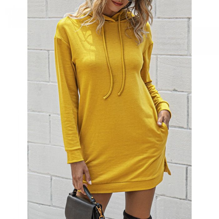 Solid Color Long Sleeves Casual Hooded Dress For Women