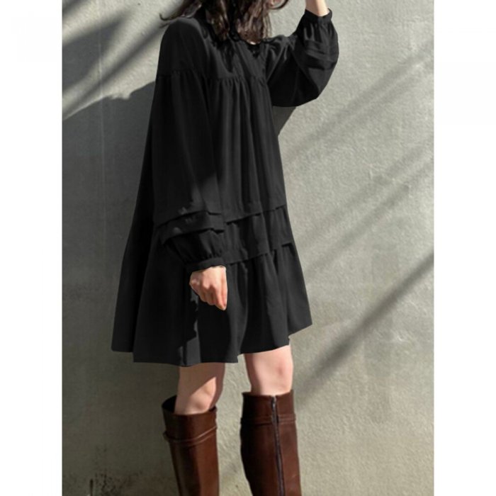 Women Solid Color Stand Collar Patchwork Long Sleeve Casual Dress