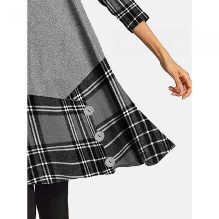 Plaid Long Sleeve Pile Collar Patchwork Midi Dress For Women