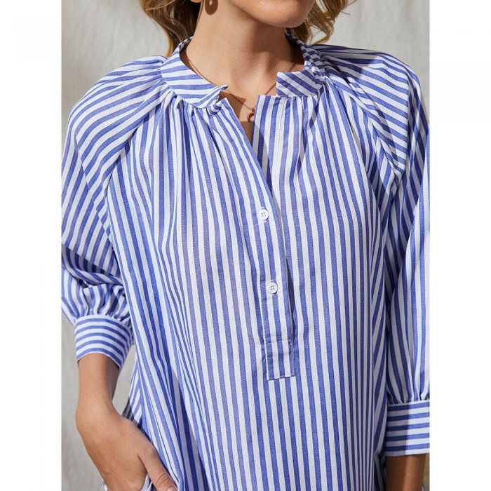 Stripe Solid Color V-neck 3//4 Length Sleeve Loose Women Casual Dress