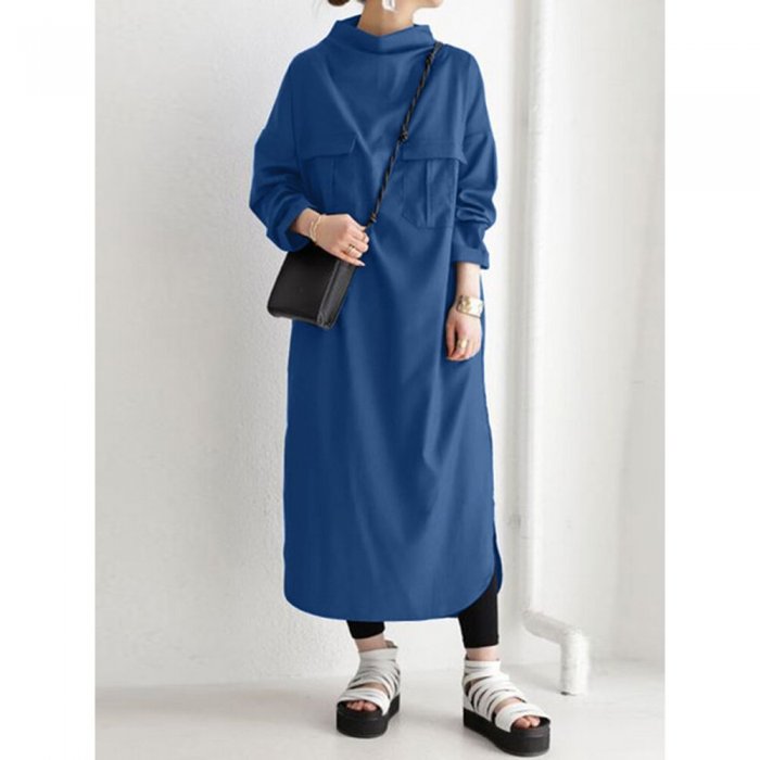 Solid Color Half-collar Pocket Long Sleeve Casual Dress for Women