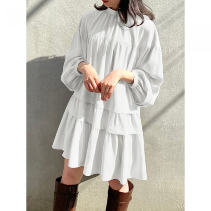 Women Solid Color Stand Collar Patchwork Long Sleeve Casual Dress