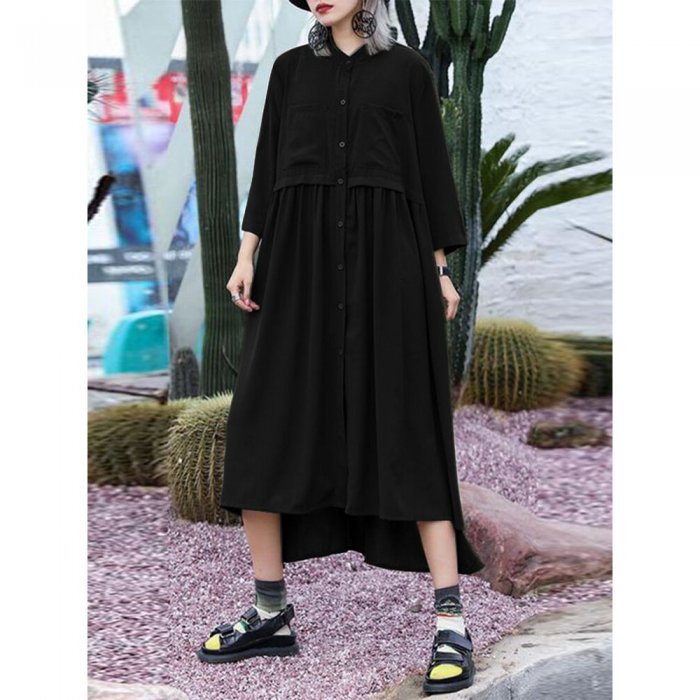 Solid Color Button Pleated Long Sleeve Casual Dress for Women