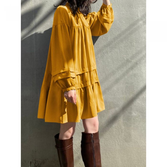 Women Solid Color Stand Collar Patchwork Long Sleeve Casual Dress