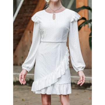 Long Sleeve Hollow O-neck Ruffle Zip Solid Casual Dress