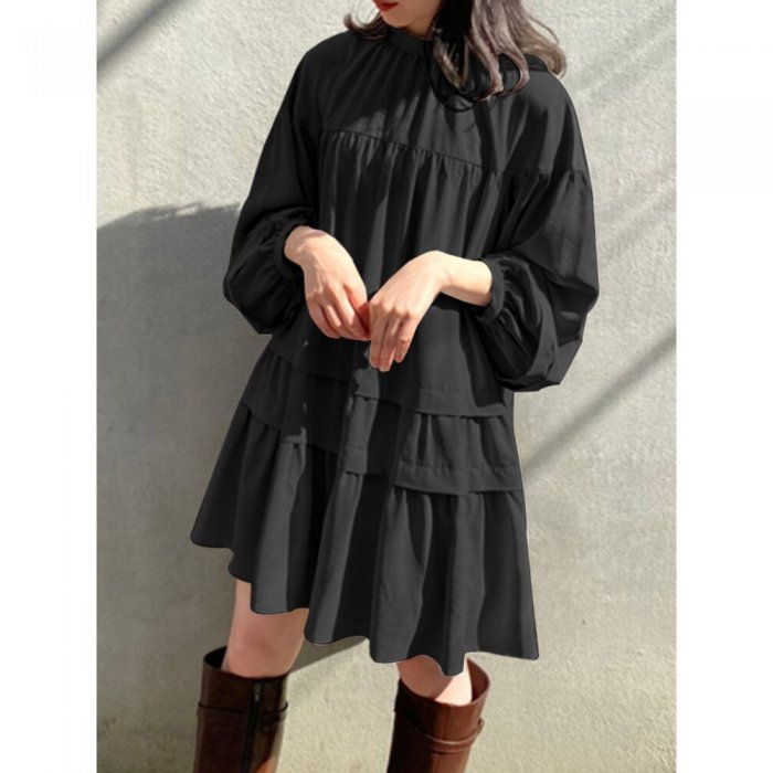 Women Solid Color Stand Collar Patchwork Long Sleeve Casual Dress