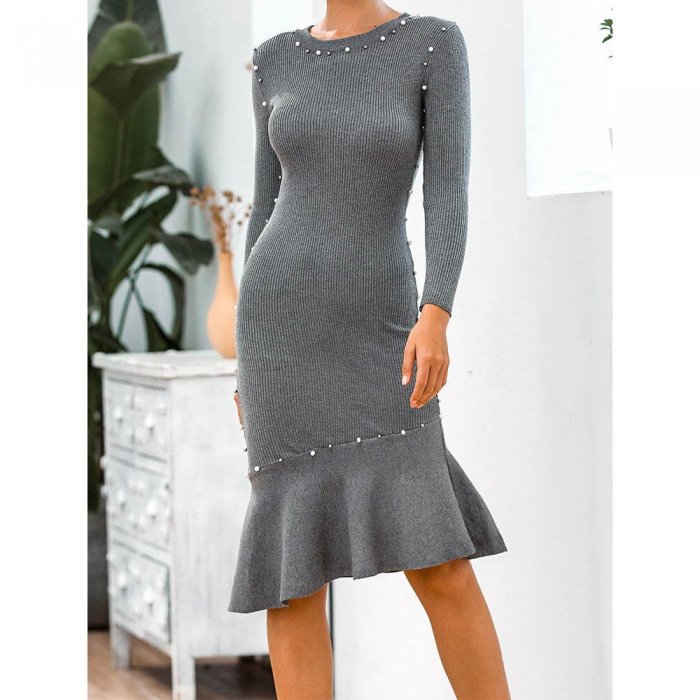 Solid Pearl Knitted Long Sleeve O-neck Fishtail Dress