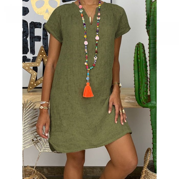 Solid Color V-neck Short Sleeve Mini Dress