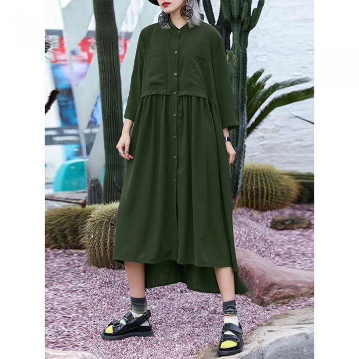 Solid Color Button Pleated Long Sleeve Casual Dress for Women