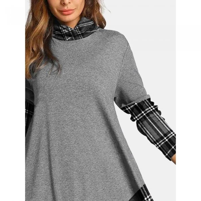 Plaid Long Sleeve Pile Collar Patchwork Midi Dress For Women