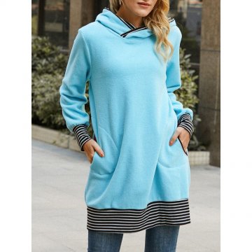 Patch Striped Print Polar Fleece Hooded Side Pockets Long Sleeve Dress