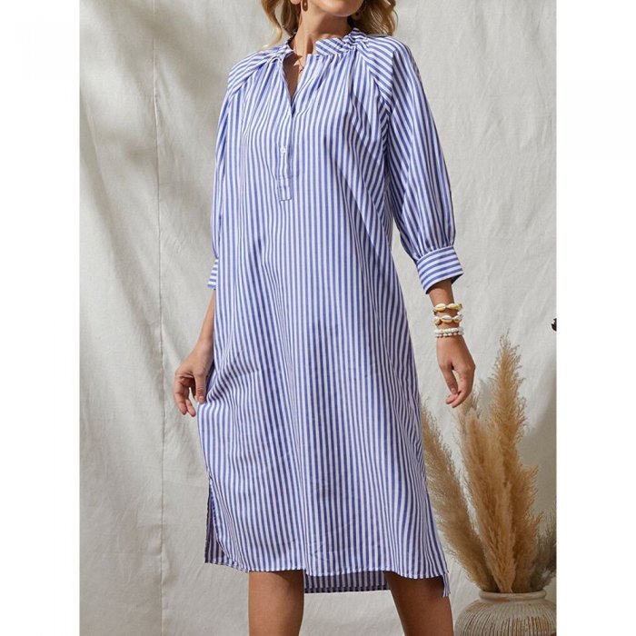 Stripe Solid Color V-neck 3//4 Length Sleeve Loose Women Casual Dress