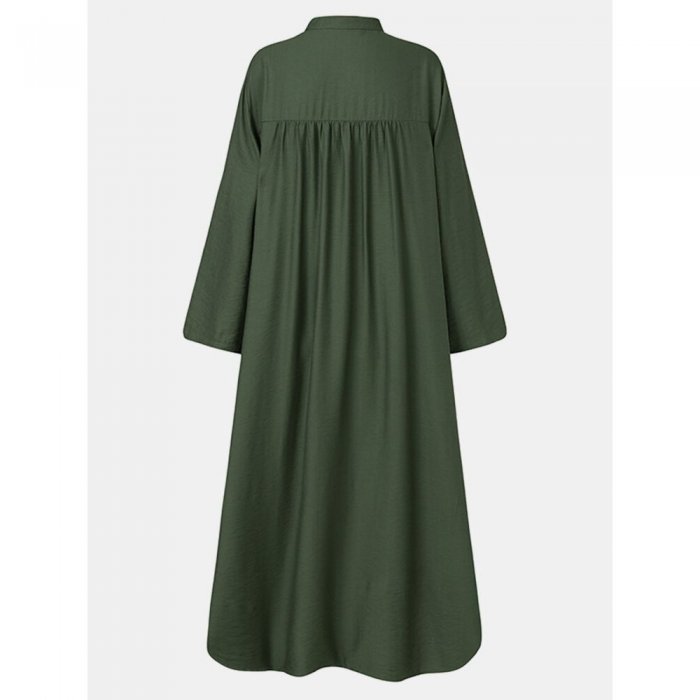 Solid Color Button Pleated Long Sleeve Casual Dress for Women