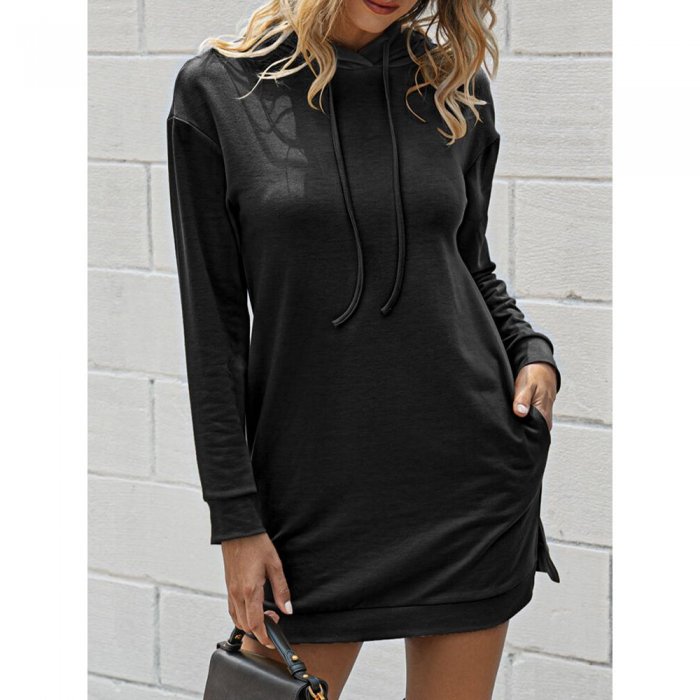 Solid Color Long Sleeves Casual Hooded Dress For Women