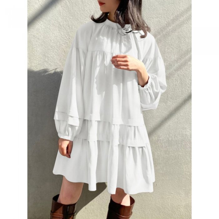 Women Solid Color Stand Collar Patchwork Long Sleeve Casual Dress