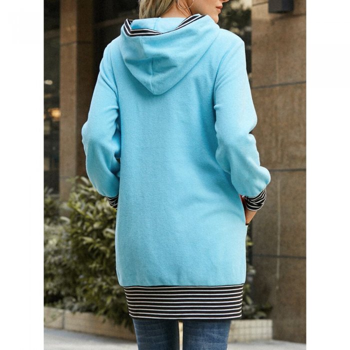 Patch Striped Print Polar Fleece Hooded Side Pockets Long Sleeve Dress