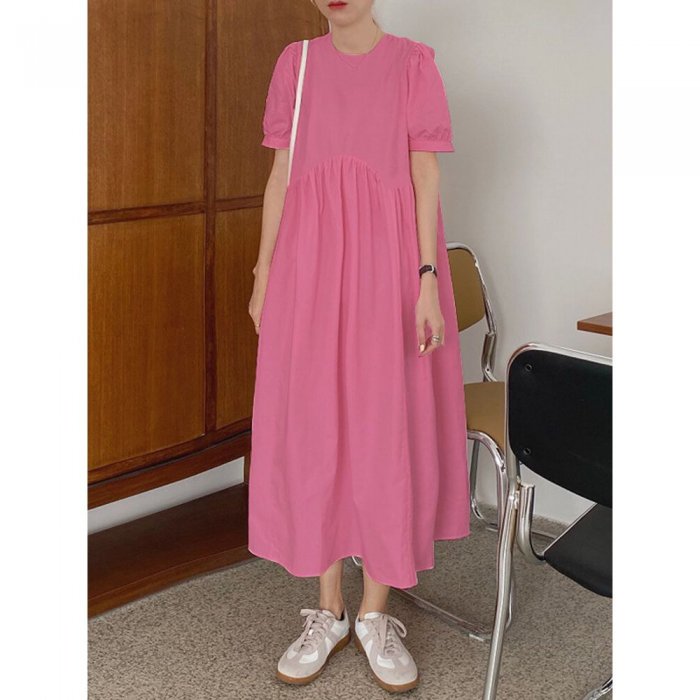 Solid Color O-neck Puff Short Sleeve Midi Dress