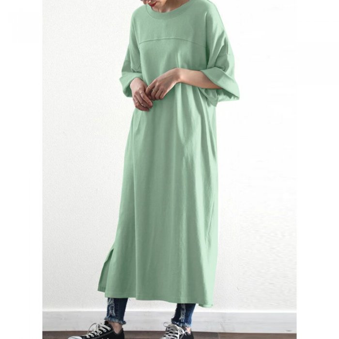 Women Solid Color O-neck Casual Dress With Pocket